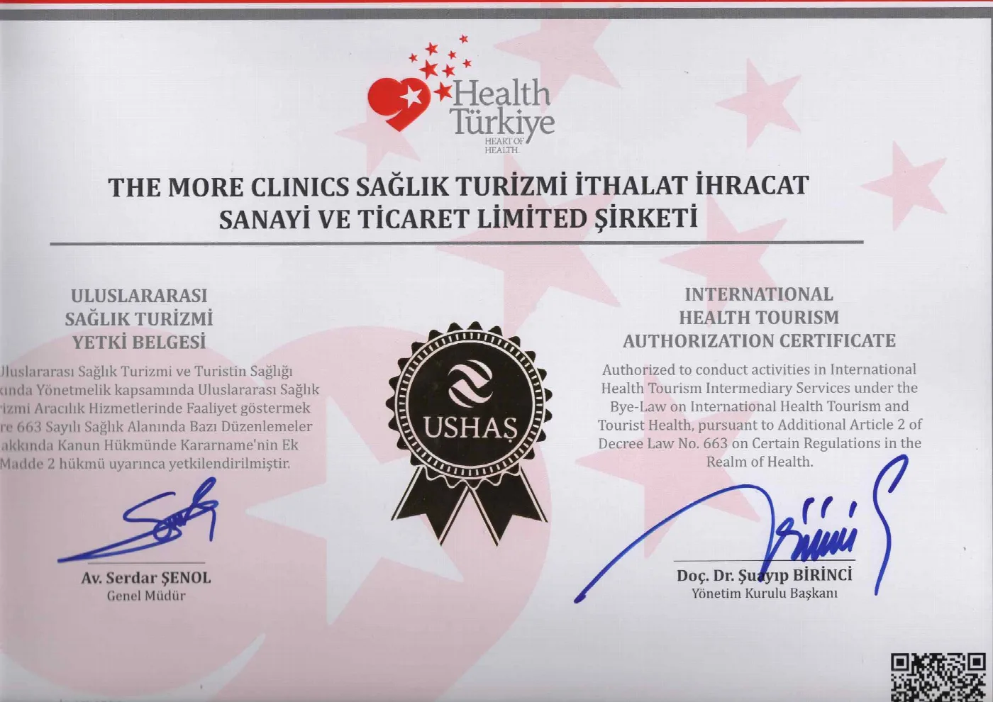 International Health Tourism Authorization Certificate issued to The More Clinics Sağlık Turizmi İthalat İhracat Sanayi ve Ticaret Limited Şirketi, bearing the USHAŞ seal and the Health Türkiye mark.