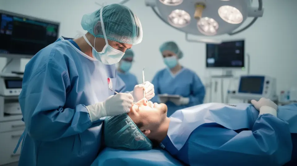 In a bright, modern operating room, an experienced surgeon performs a delicate rhinoplasty procedure on a patient's face, focusing on the nasal tip rotation and overall facial harmony. The surgeon skillfully addresses aesthetic concerns related to the patient's upturned nose, ensuring the results enhance the facial proportions and balance.