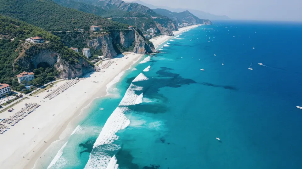 An aerial view captures the stunning turquoise Mediterranean coastline of Antalya, featuring pristine white sand beaches and lush green cliffs. This picturesque landscape is a popular destination for dental tourism, attracting international patients seeking high-quality dental care and advanced dental treatments at dental clinics in Antalya.