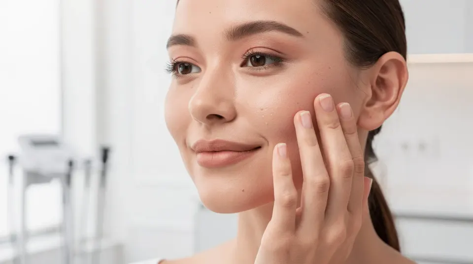 A close-up image features a woman with smooth, natural-looking skin gently touching her cheek in a bright clinic setting, showcasing the results of dermal filler treatments that enhance facial contours and restore volume for a more youthful appearance. The bright environment emphasizes the medical aesthetics of the procedure, reflecting the care and professionalism involved in achieving natural-looking results.
