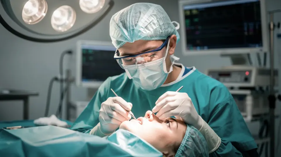 A skilled surgeon meticulously performs a cosmetic surgical procedure focused on enhancing facial features under bright operating lights, emphasizing precision in facial contouring. The setting highlights advanced techniques aimed at achieving natural-looking results and optimal facial balance.