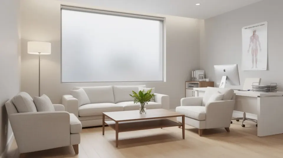 The image depicts a clean, modern medical consultation room featuring comfortable seating and soft lighting, creating a welcoming atmosphere for patients considering cosmetic surgery. This inviting space is designed for discussions about various aesthetic plastic surgery procedures, ensuring a pleasant experience for individuals seeking information on surgeries like breast augmentation or tummy tuck.