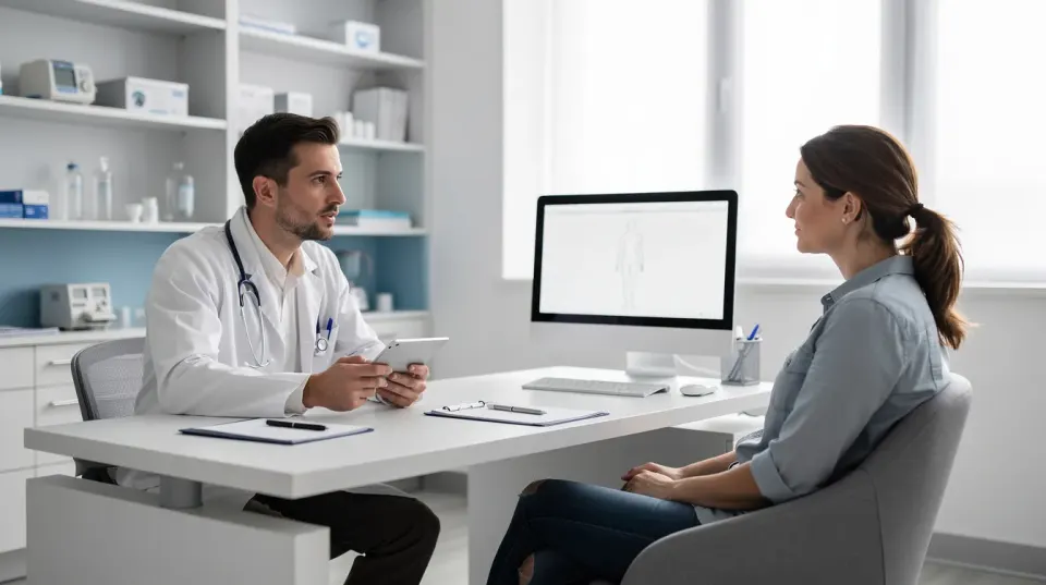 In a modern, brightly lit medical office, a board-certified plastic surgeon is consulting with a patient about rhinoplasty options, discussing the differences between closed and open rhinoplasty procedures. The doctor is explaining how the closed rhinoplasty technique involves internal incisions, which can lead to minimal visible scarring and a shorter recovery period.