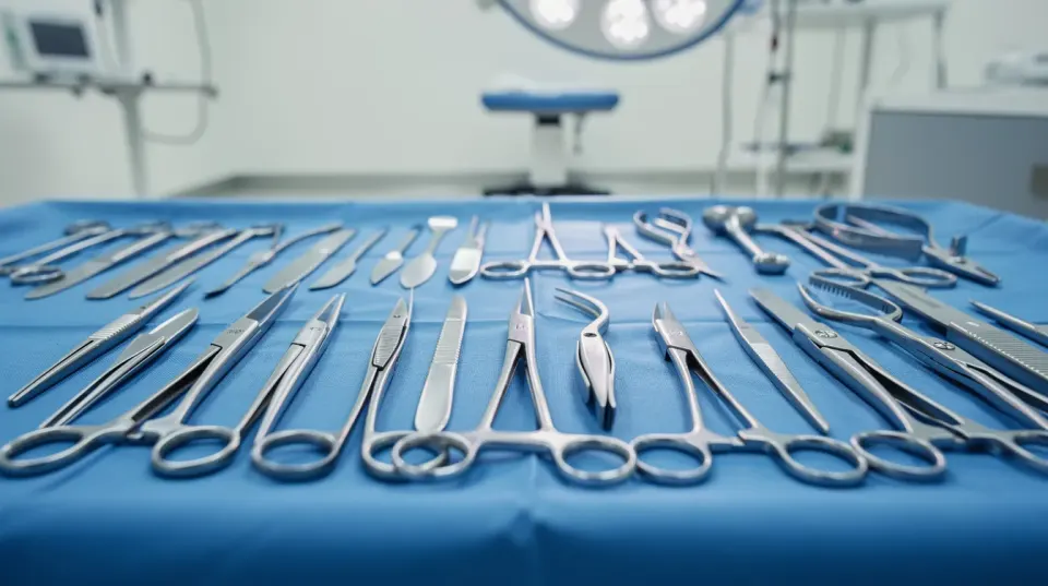 The image shows a set of sterile surgical instruments meticulously arranged on a blue drape in a clean operating room, ready for procedures such as rhinoplasty surgery, which may address concerns like a bulbous nasal tip or nostril size. The environment reflects a professional setting, emphasizing the importance of hygiene in facial plastic surgery.