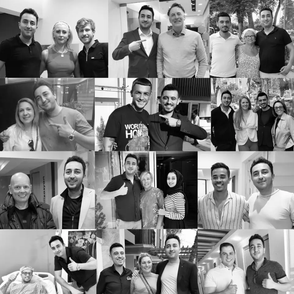 A contact sheet of photographs of The More Clinics patients with members of the clinic team.