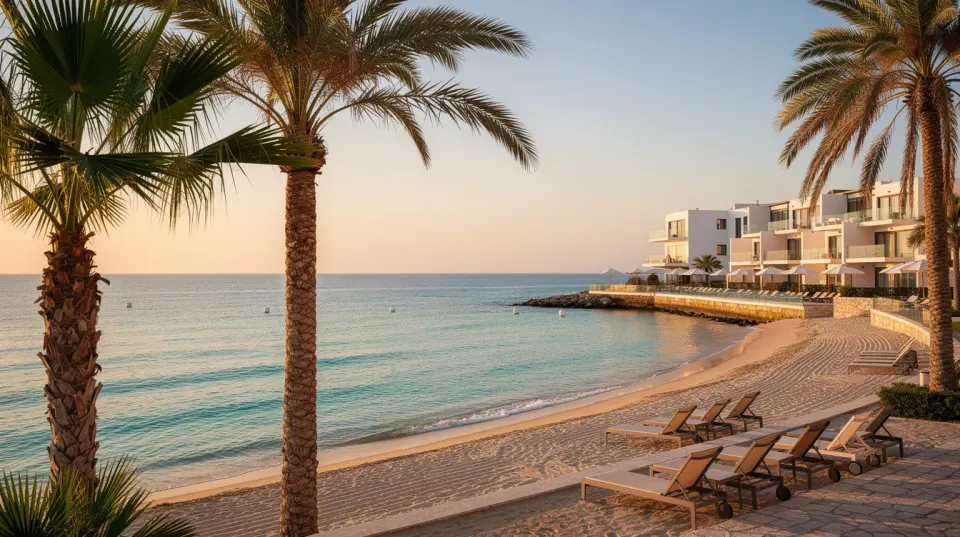A serene Mediterranean coastal scene featuring a beachfront resort with turquoise waters and palm trees in the foreground, ideal for medical tourists seeking quality healthcare and advanced medical treatments in Turkey. The picturesque setting is perfect for those considering a medical trip, combining relaxation with access to internationally accredited hospitals and specialized medical facilities.