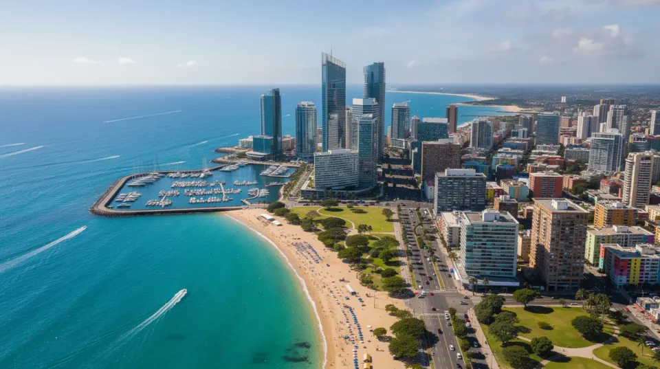 An aerial view captures a vibrant coastal city, showcasing modern buildings alongside the blue water, creating a stunning visual contrast. This image evokes a sense of vitality and beauty, much like the results one might expect from skin booster treatments that improve skin texture and overall quality.