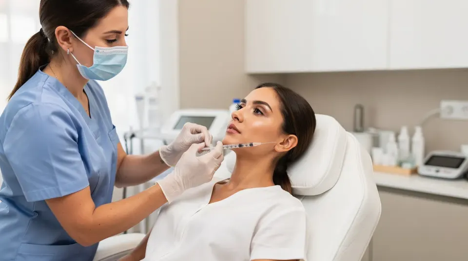 A woman is receiving a non-surgical injectable treatment along her jawline in a modern aesthetic clinic, aimed at enhancing her facial features and achieving a more defined jawline. This minimally invasive procedure utilizes dermal fillers to improve facial contouring and restore youthful contours, promoting overall facial balance and harmony.