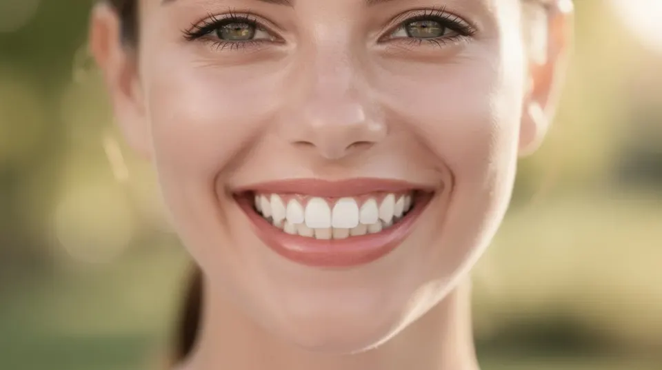 A close-up portrait features a person smiling broadly, showcasing their bright, even white teeth, set against a softly blurred outdoor background. This image exemplifies the results of effective dental treatments, highlighting the cosmetic dentistry options available through dental tourism in Turkey, where international patients can achieve a natural appearance at significantly lower prices.